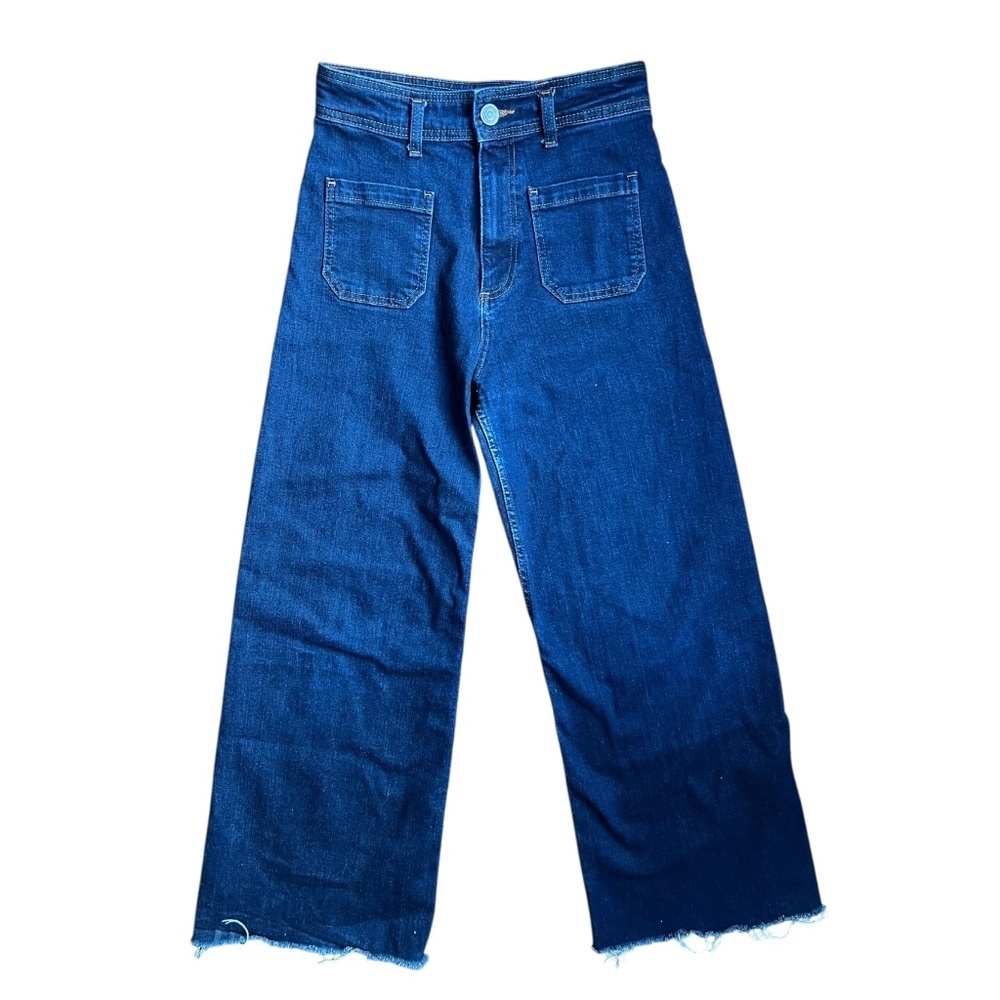Zara Wide Leg, Cropped, Patch Pocket, Raw Hem Denim 6